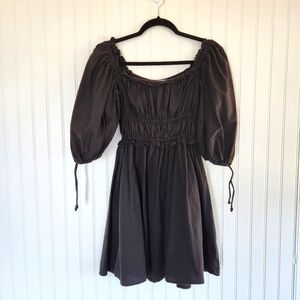 HOUSE OF HARLOW 1960 Black Poplin 100% Cotton Puff Sleeve Smocked Peasant Dress